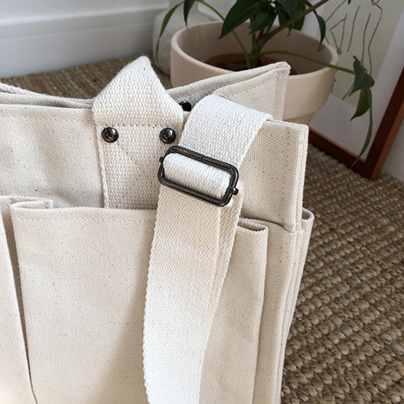 Multi-pockets white canvas tote bag for women