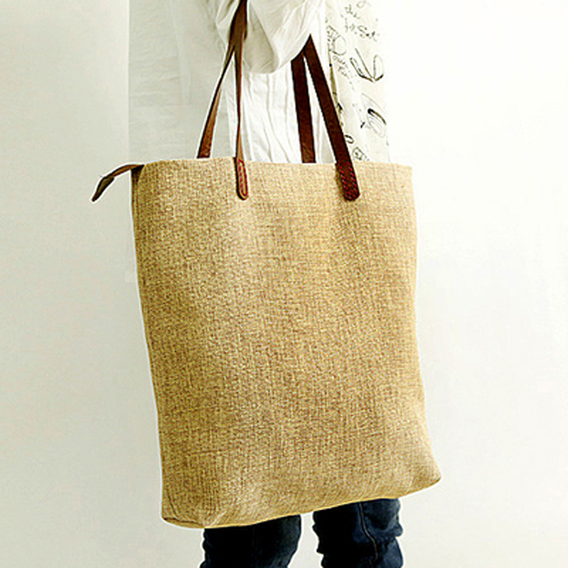 High quality hot sale linen fabric shopping bag with leather handle