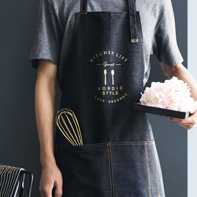Fashion Couple Home Kitchen Denim Apron Hanging Neck Baking Western Restaurant Overalls For Waiter Or Waitress