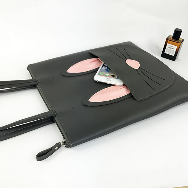 Cute cartoon pu leather large zipper shoulder shopping tote bag for ladies