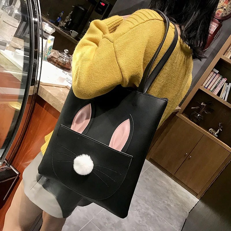 New logo custom shoulder student shopping handbag cute cartoon pu leather bag with zipper