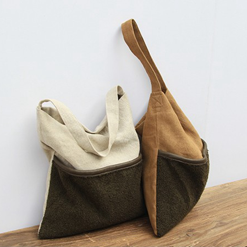 New product burlap and lamb flannel stitching fabric fashion eco friendly high quality low price women cotton linen tote bag