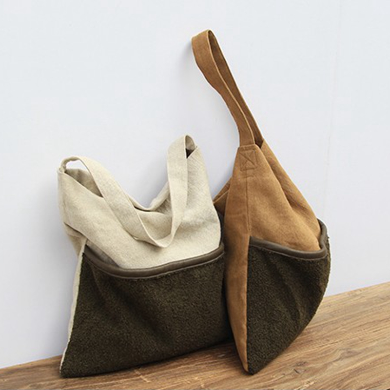 New product burlap and lamb flannel stitching fabric fashion eco friendly high quality low price women cotton linen tote bag