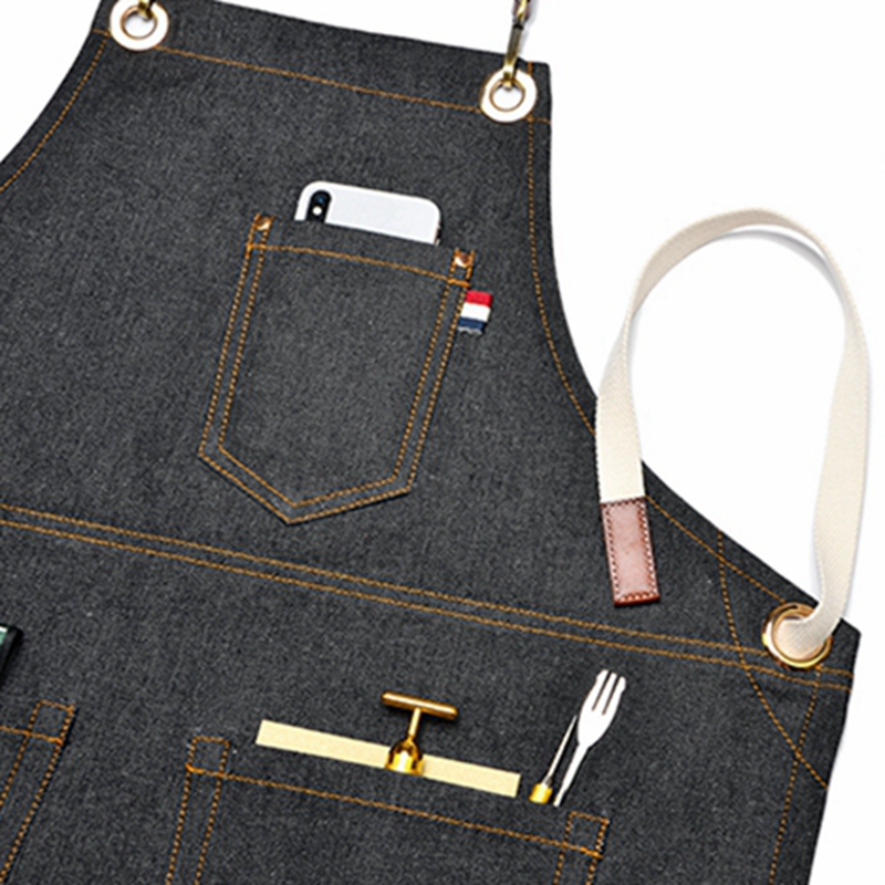 Customized Restaurant Work Uniforms Shop Overalls Denim Apron with Tool Pockets for Barista Barber Custom Logo