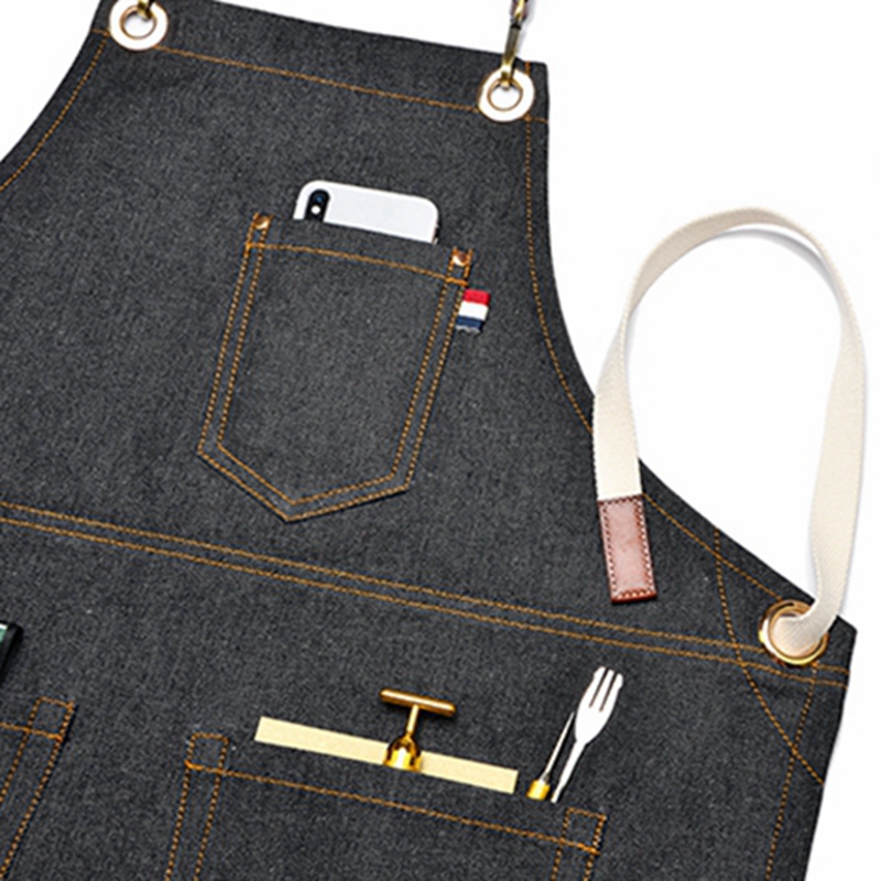 Customized Restaurant Work Uniforms Shop Overalls Denim Apron with Tool Pockets for Barista Barber Custom Logo