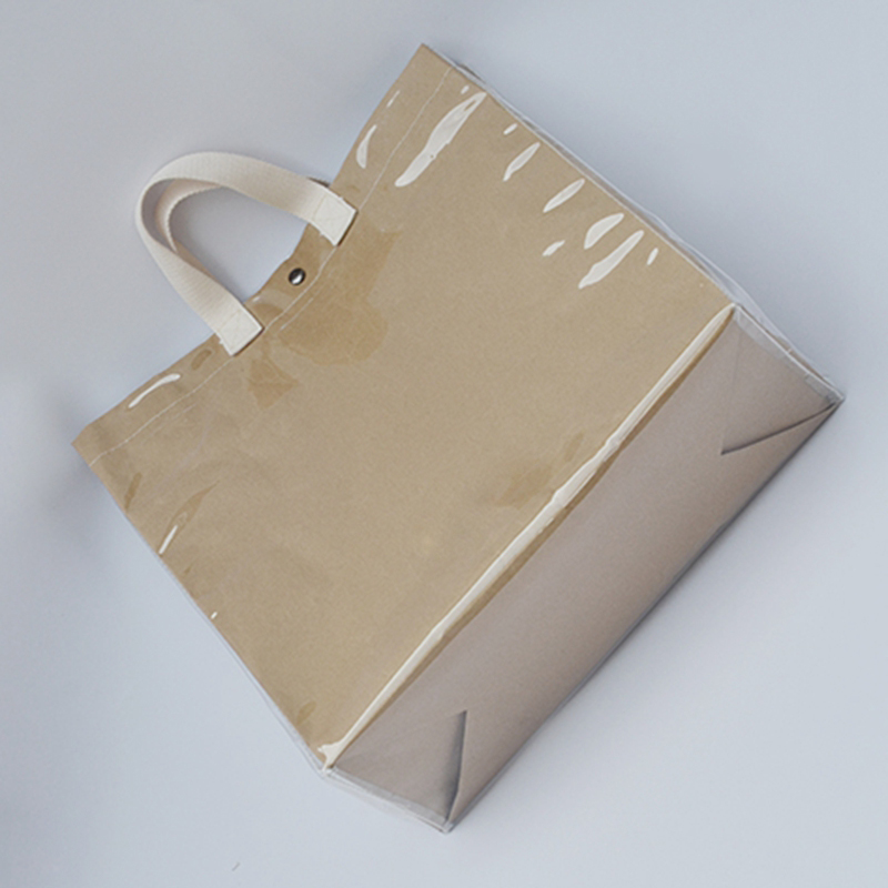 Korea ins retro transparent pvc waterproof kraft paper bag large capacity travel shopping tote bag