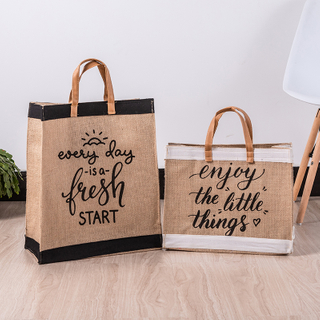 Eco-friendly folding waterproof jute shopping bag tote bag leather handle