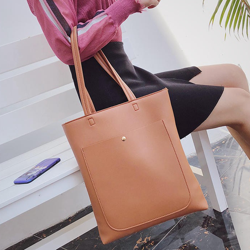Simple single color lightweight fashion reusable women pu leather tote bag