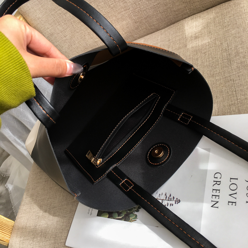 New fashion large capacity bag Korean version of the collision color shoulder bag simple atmosphere soft pu leather bag