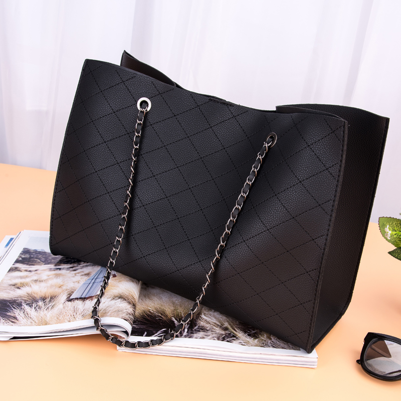 2018 new rhombic high quality chain mother bag black pu tote bag
