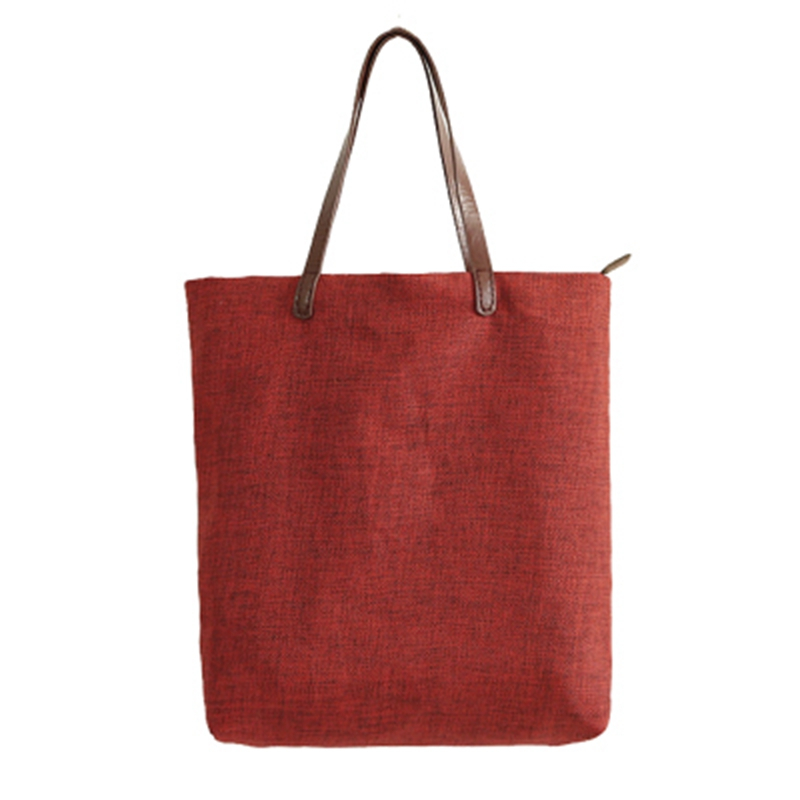 High quality hot sale linen fabric shopping bag with leather handle