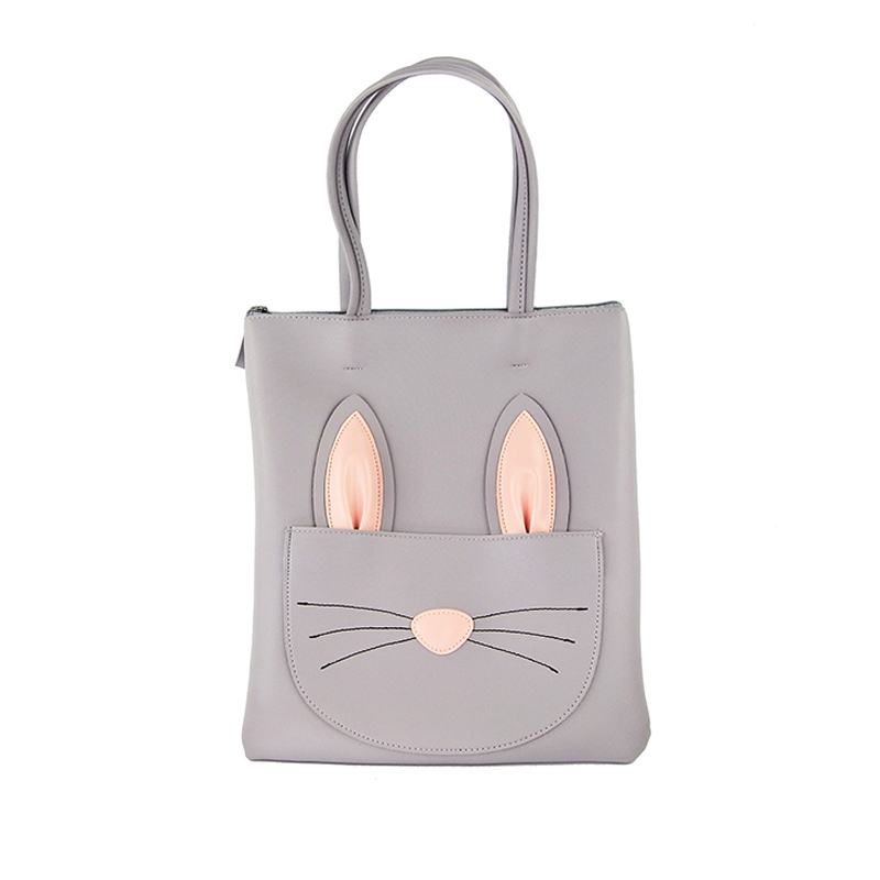 Cute cartoon pu leather large zipper shoulder shopping tote bag for ladies