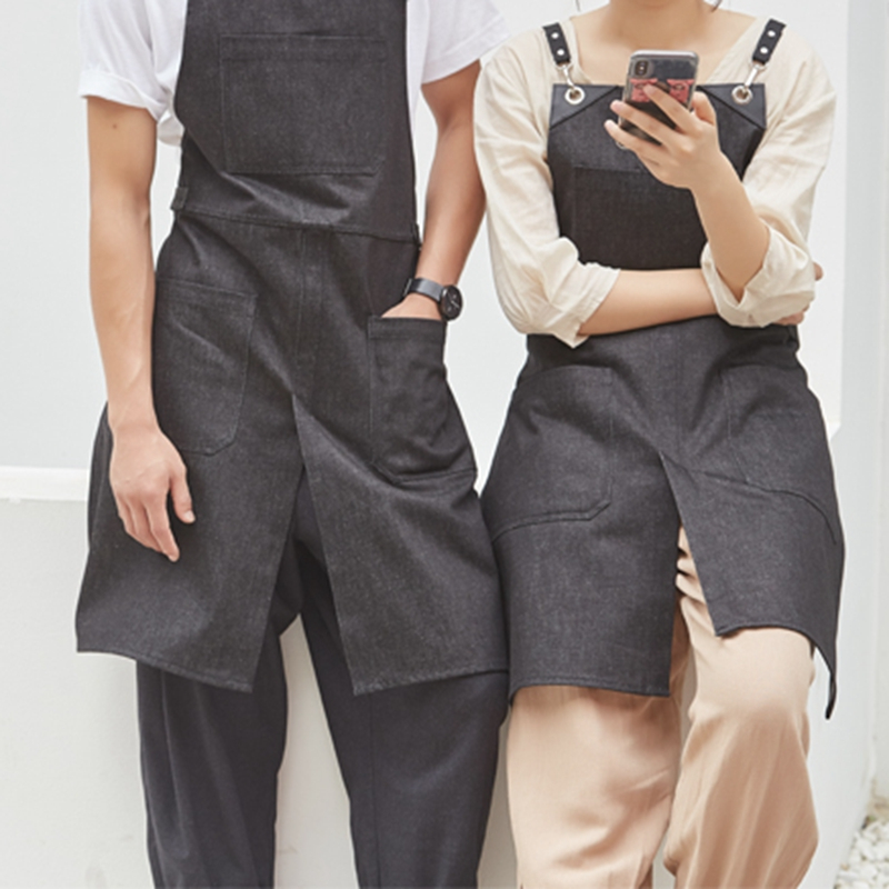 Leather black denim work apron barista restaurant gardening floral hair cutting cotton canvas apron for promotional