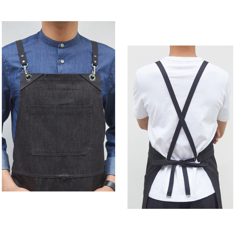 Leather Straps Black Denim Work Apron for Barista Skirt Restaurant Gardening Floral Hair Stylist Salon Overalls Custom Logo