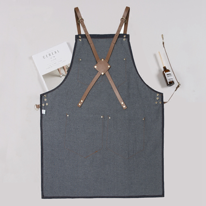 Wholesale Durable Superior Denim Fabric Work Apron With Leather Straps