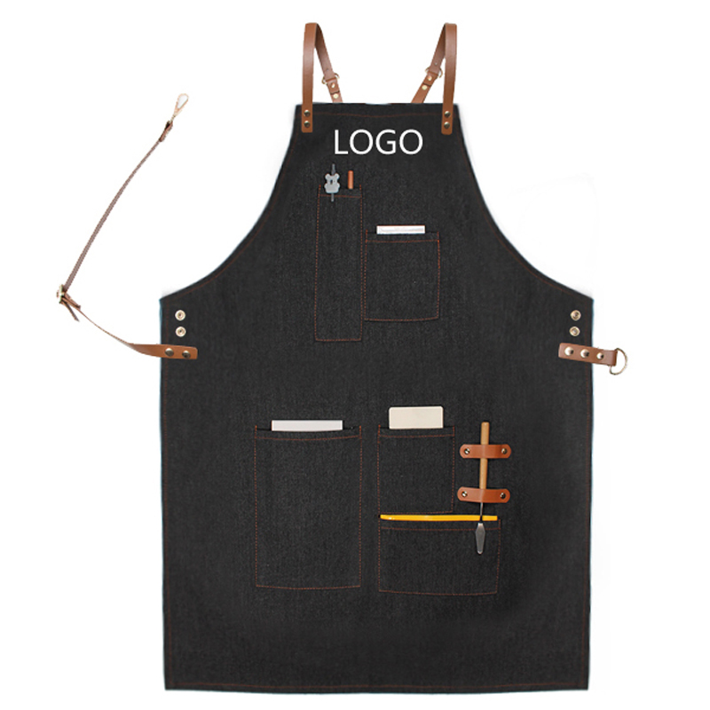 New fashion custom logo high-end leather double strap coffee baking painting denim apron
