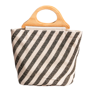 China supplier fashion new style canvas cotton linen mixed material wear resistance strong women handbag with wooden handle