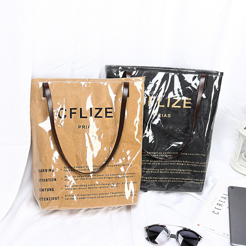 2018 new retro shoulder tote bag letter kraft paper bag PVC waterproof large capacity handbag