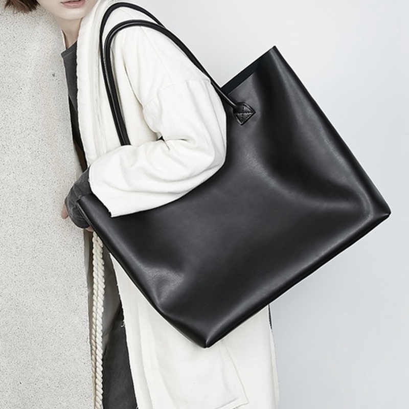 2018 new black shopping tote bag shoulder bag large capacity soft leather pu handbag