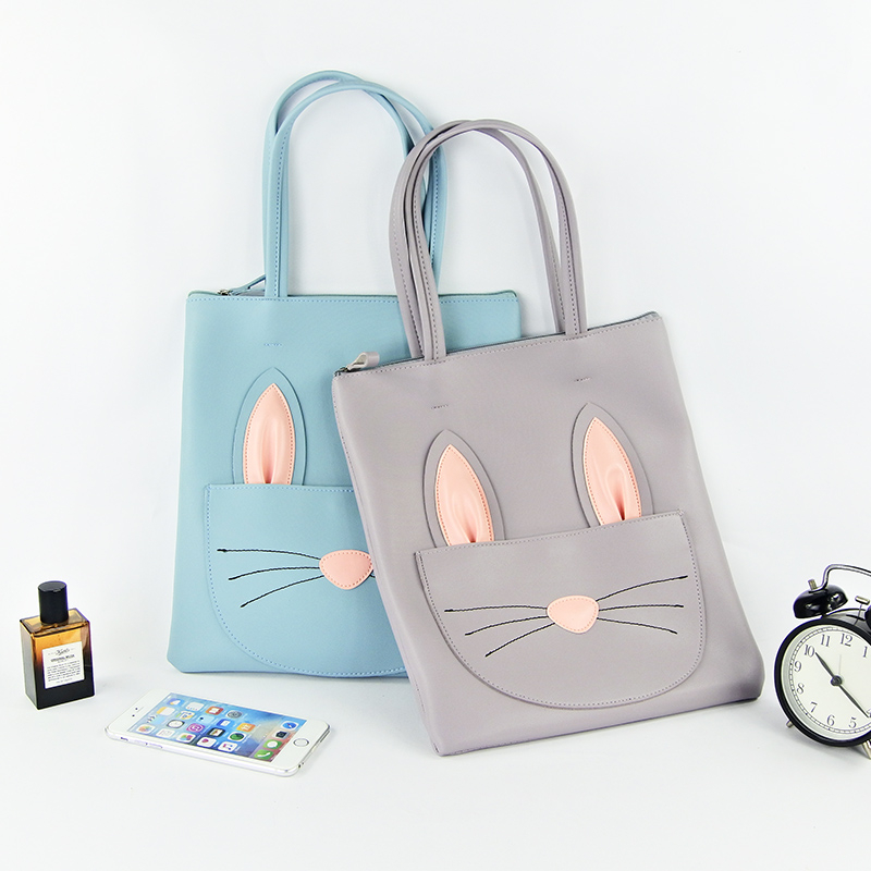 Cute cartoon pu leather large zipper shoulder shopping tote bag for ladies