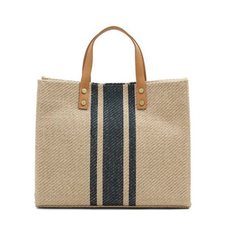 Brand new stylish portable strong linen tote shopping bag with leather handle 