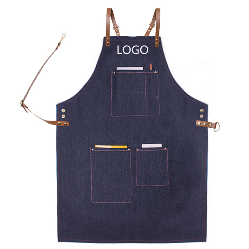 New fashion custom logo high-end leather double strap coffee baking painting denim apron