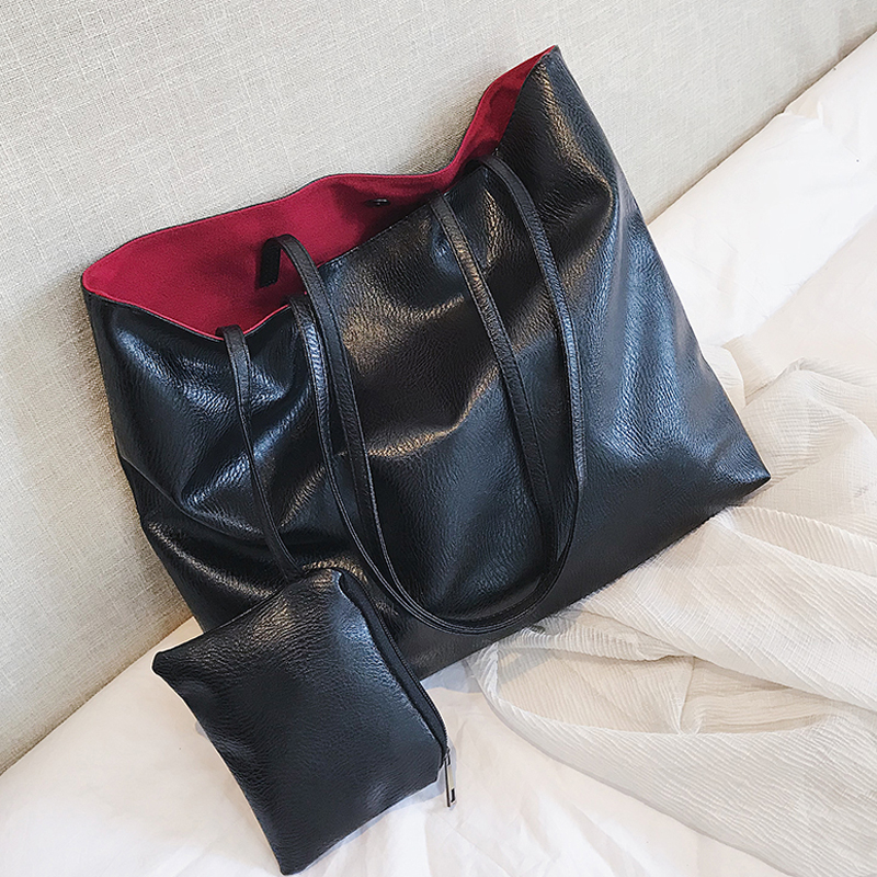New two color solid color soft leather shopping bag waterproof pu tote bag