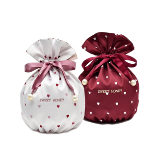 Sweet Embroidered Satin Round Makeup Bag Drawstring Travel Storage Bag