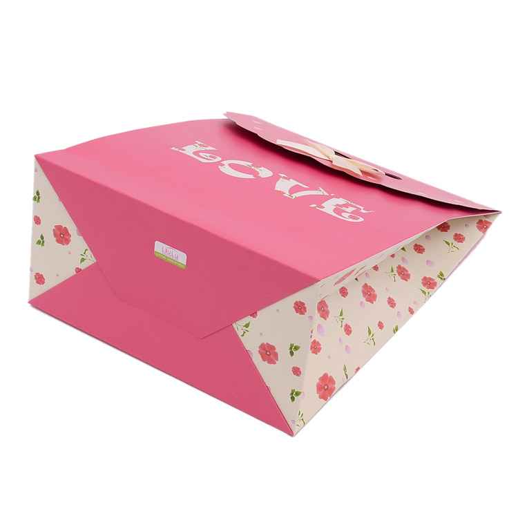Custom love christmas pink paper small gift bags with die cut handle