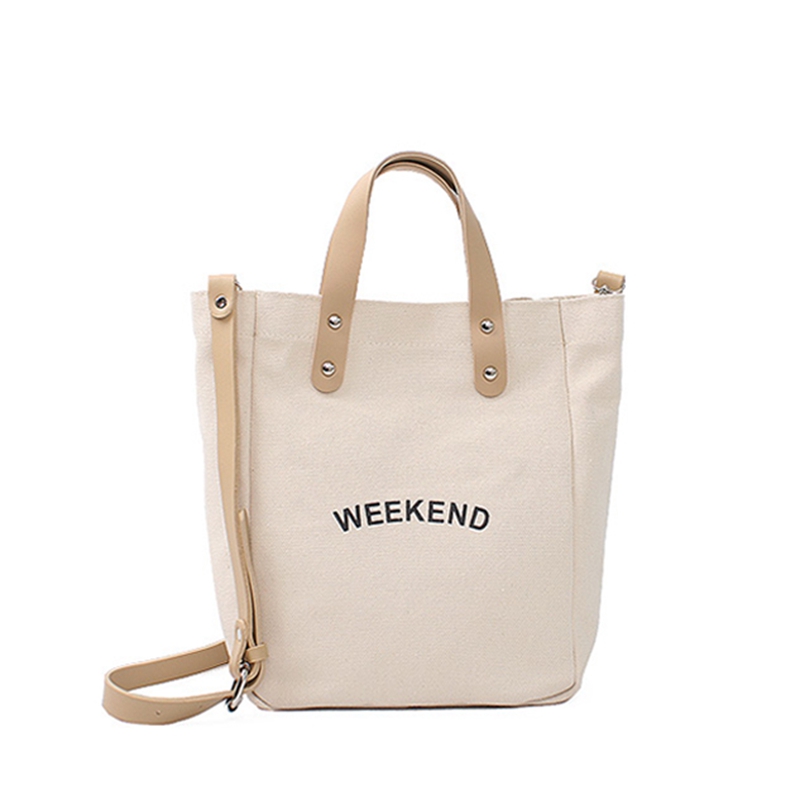 High quality women canvas shopping bag with leather strap