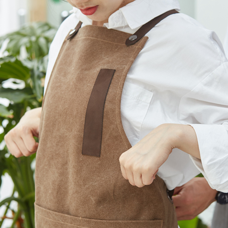 New Models Gray Brown Washed Canvas Strap Apron for Household Or Coffee Shop Florist Restaurant Hairdressing Custom Logo