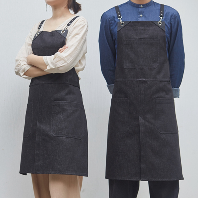Leather Straps Black Denim Work Apron for Barista Skirt Restaurant Gardening Floral Hair Stylist Salon Overalls Custom Logo