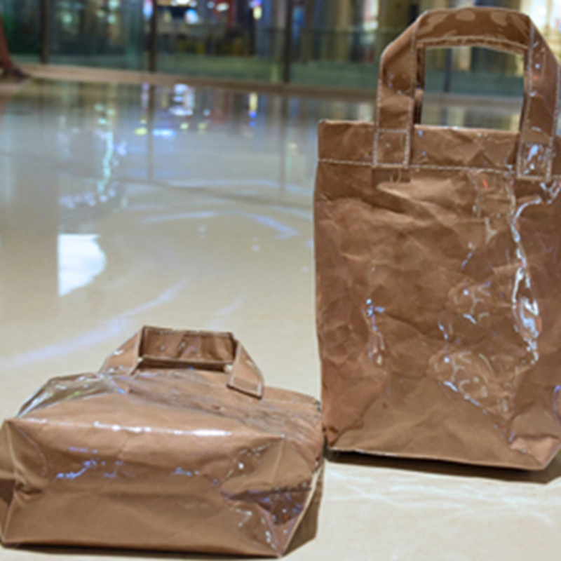 Creative double transparent kraft paper tote shopping bag shoulder bag female