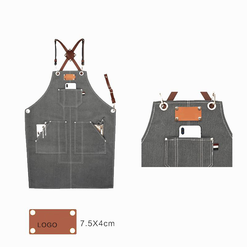 High Quality Exquisite Thick Denim Fabric Leather Straps Work Apron With Pockets LOGO Custom