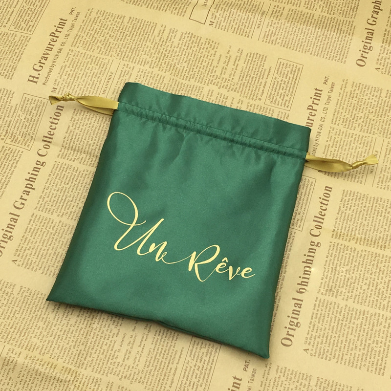 Customized new satin drawstring harness pocket silk green jewelry bag