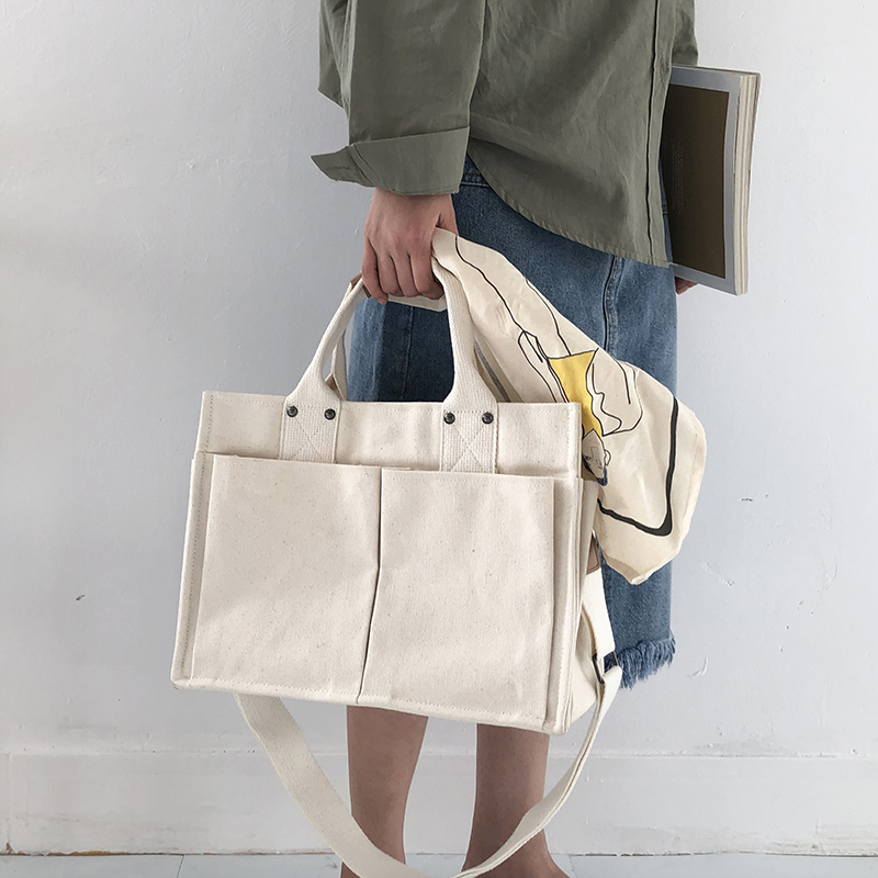 Multi-pockets white canvas tote bag for women