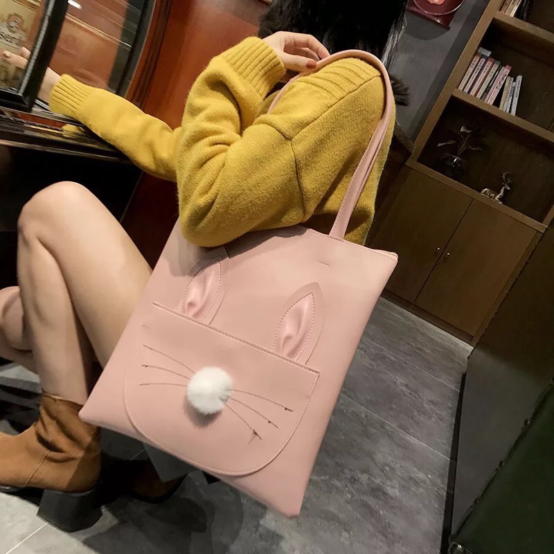 New logo custom shoulder student shopping handbag cute cartoon pu leather bag with zipper