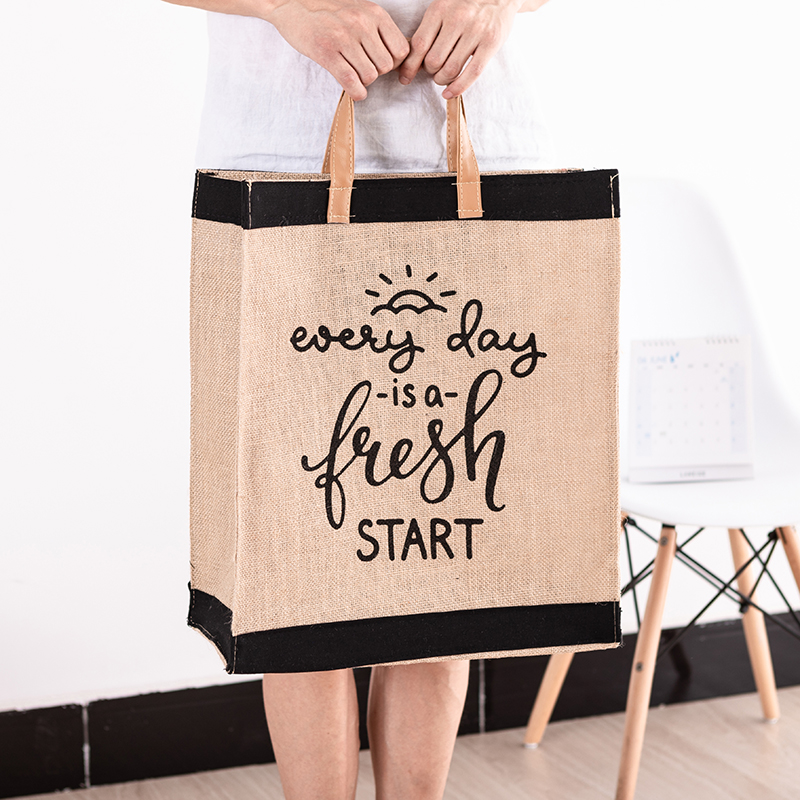 Eco-friendly folding waterproof jute shopping bag tote bag leather handle
