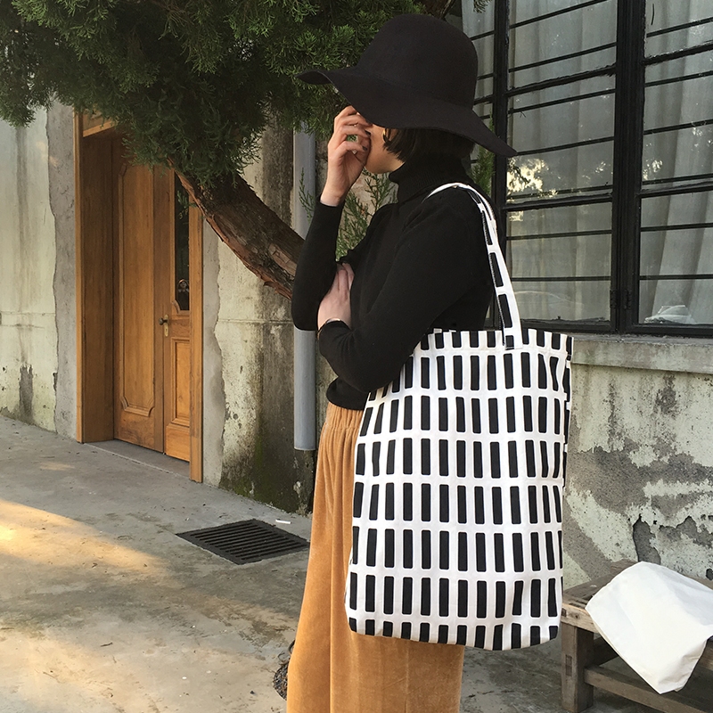 Simple white striped shoulder bag Oxford bag large supermarket green shopping bag