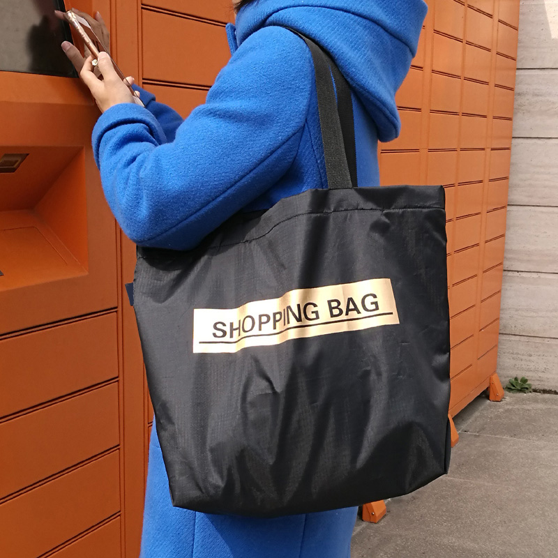 Fashion printed black shopping bag Large capacity folding portable eco tote bag Customizable