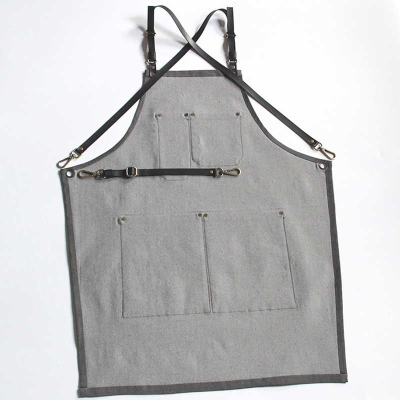 Stylist Leather Strap Denim Work Apron For Cafe Restaurant Bar Uniforms Painting Logo Custom