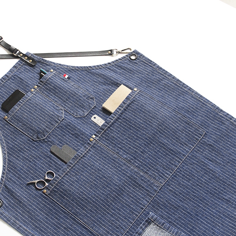 Logo Custom Printing Cotton Fabric Household Kitchen Striped Denim Cooking Apron