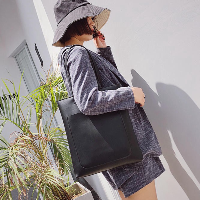 Simple single color lightweight fashion reusable women pu leather tote bag