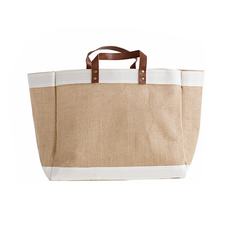 New style fashion popular linen tote shopping bag with leather strap