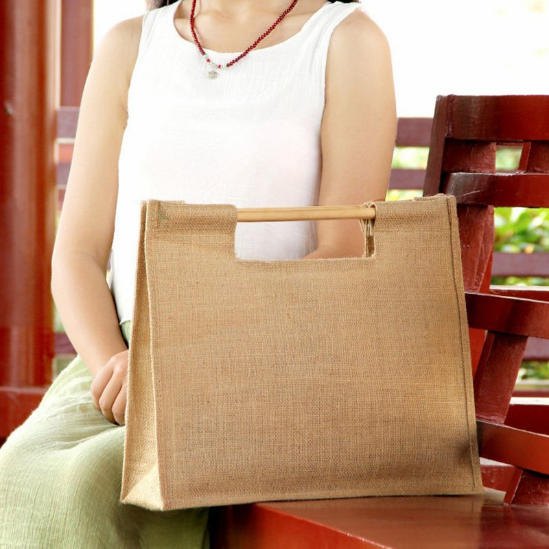 Eco friendly breathable fashion strong linen tote shopping bag with wood handle