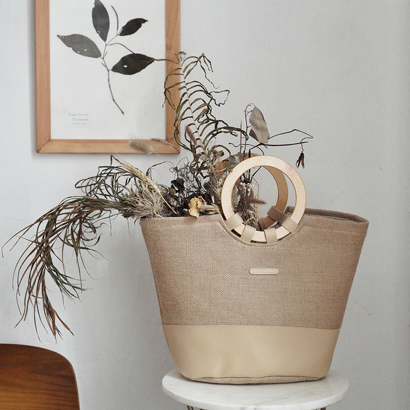 High grand brand new eco friendly breathable linen tote shopping bag with wood handle