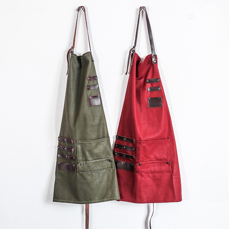 High-grade Vintage Oil Wax Canvas Fabric Tooling Apron With Leather Accessories For Household And Coffee Maker Barber Overalls