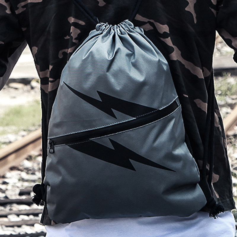 Waterproof outdoor travel lightning logo backpack sports fitness drawstring bag unisex