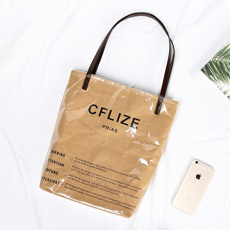 2018 new retro shoulder tote bag letter kraft paper bag PVC waterproof large capacity handbag