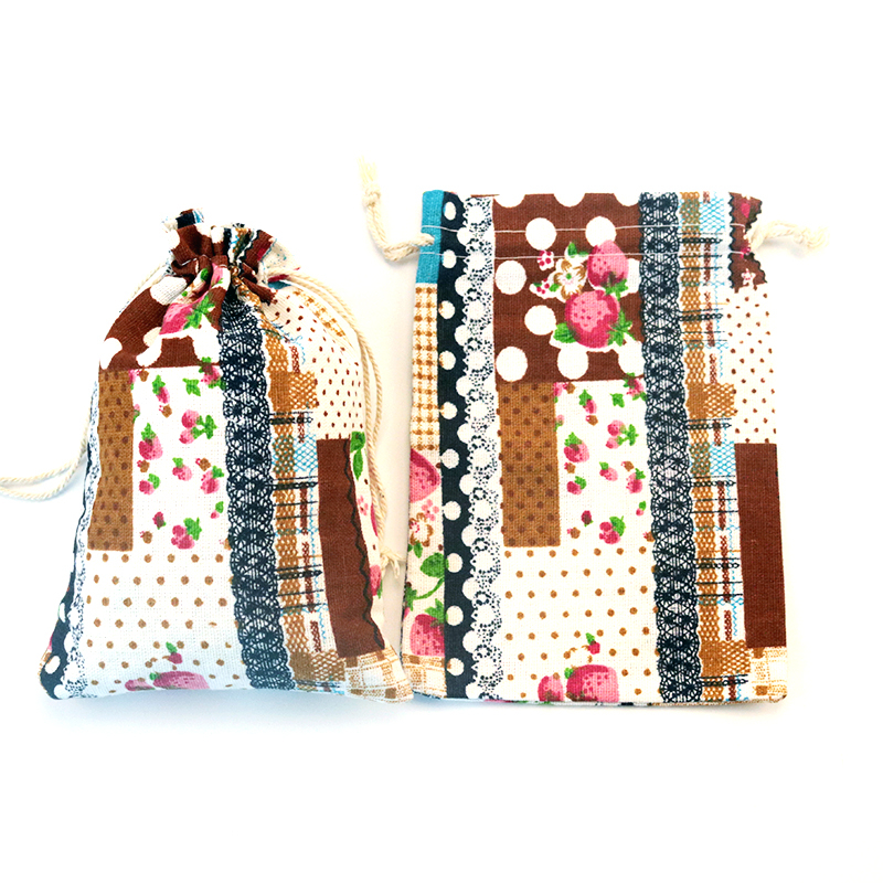 Colorful cotton linen fabric jewelry pouch with drawstring